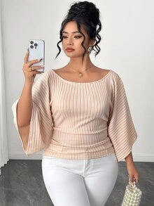 Elenzga Plus Size Women's Knitted High Stretch Bell Sleeve Round Neck Solid Color Elegant T-Shirt Fall - Apricot - View 1