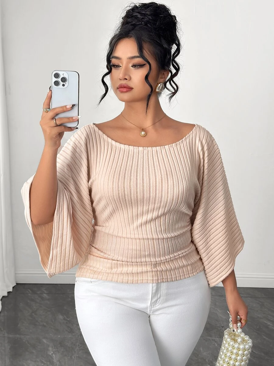Elenzga Plus Size Women's Knitted High Stretch Bell Sleeve Round Neck Solid Color Elegant T-Shirt Fall - Apricot - View 1