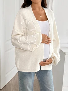 SHEIN Cardigan Rajut Lengan Panjang Motif Bunga dengan Bahu Longgar untuk Ibu Hamil, Kasual Musim Dingin/Musim Gugur - Krem - View 8