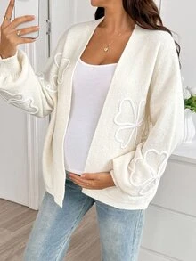 SHEIN Cardigan Rajut Lengan Panjang Motif Bunga dengan Bahu Longgar untuk Ibu Hamil, Kasual Musim Dingin/Musim Gugur - Krem - View 7