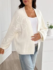 SHEIN Cardigan Rajut Lengan Panjang Motif Bunga dengan Bahu Longgar untuk Ibu Hamil, Kasual Musim Dingin/Musim Gugur - Krem - View 4
