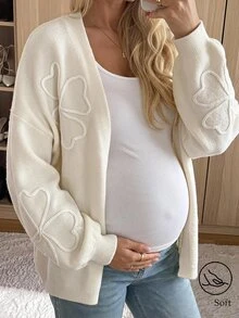 SHEIN Cardigan Rajut Lengan Panjang Motif Bunga dengan Bahu Longgar untuk Ibu Hamil, Kasual Musim Dingin/Musim Gugur - Krem - View 1