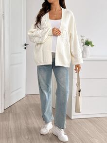SHEIN Cardigan Rajut Lengan Panjang Motif Bunga dengan Bahu Longgar untuk Ibu Hamil, Kasual Musim Dingin/Musim Gugur - Krem - View 6