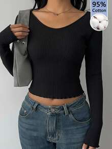 SHEIN BASICS Casual Minimalist Women's Snowflake Cotton Raglan Sleeve Long Sleeve T-Shirt, Suitable For Streetwear, Chic, Ribbed Knit Texture - Multicolor - View 1