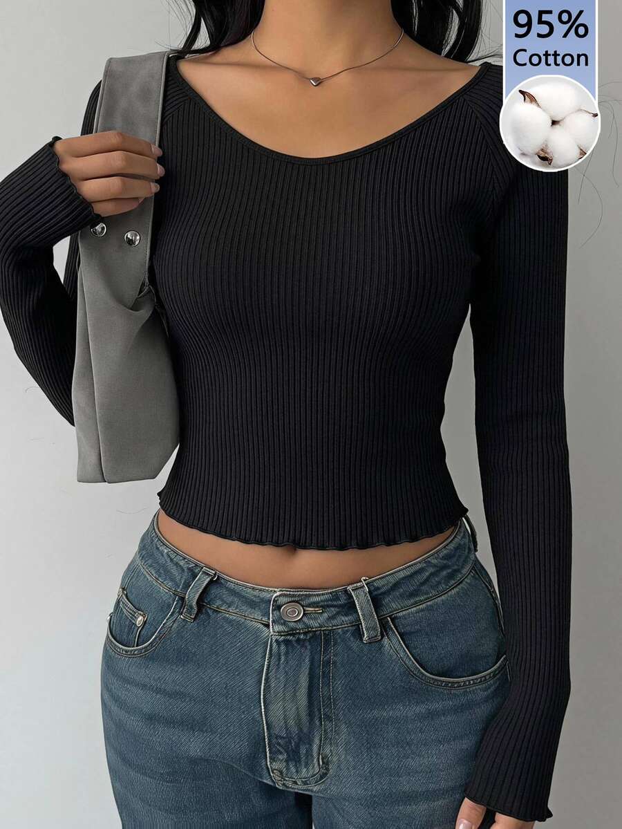 SHEIN BASICS Casual Minimalist Women's Snowflake Cotton Raglan Sleeve Long Sleeve T-Shirt, Suitable For Streetwear, Chic, Ribbed Knit Texture - Multicolor - View 1