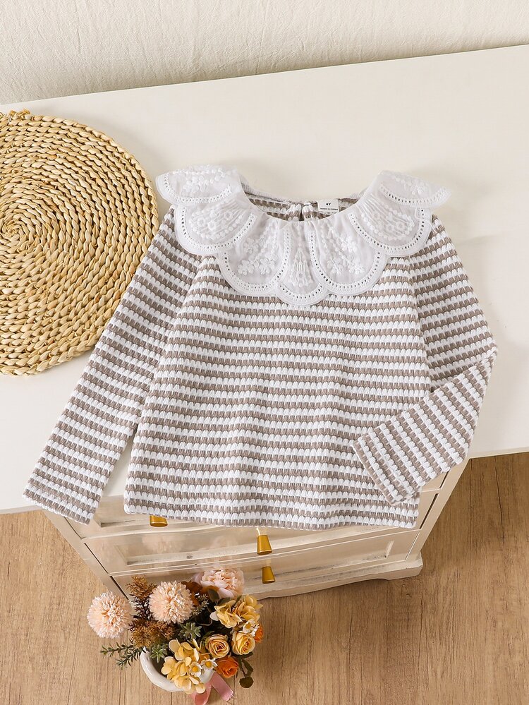 SHEIN Girls' Knitted Striped Brown White Top With Ruffle Collar, Cute Minimalist Baby Fairy Cowgirl Style, Suitable For Spring, Summer, Autumn 1st Birthday - Multicolor - View 4
