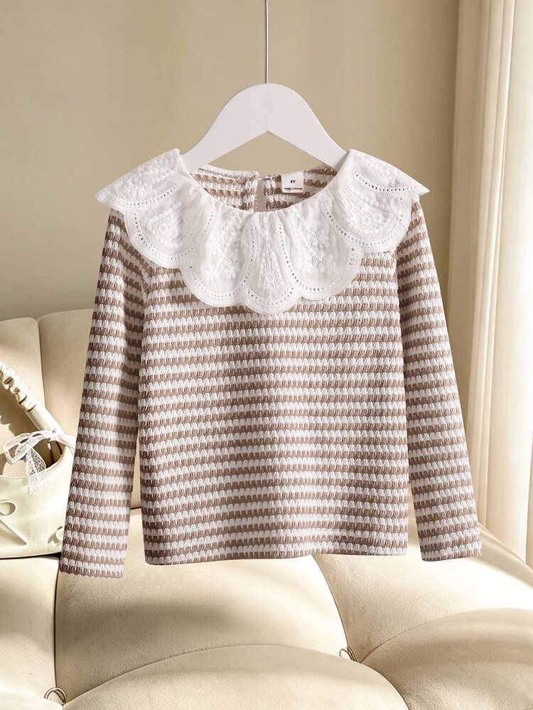 SHEIN Girls' Knitted Striped Brown White Top With Ruffle Collar, Cute Minimalist Baby Fairy Cowgirl Style, Suitable For Spring, Summer, Autumn 1st Birthday - Multicolor - View 3