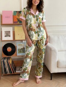 Chillnights Leopard Tropical Print Contrast Color Satin PJ Set - Multicolor - View 4