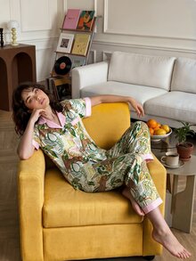 Chillnights Leopard Tropical Print Contrast Color Satin PJ Set - Multicolor - View 3