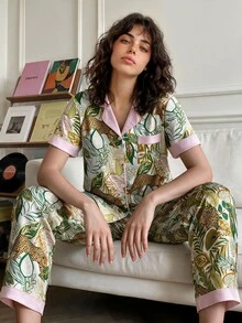 Chillnights Leopard Tropical Print Contrast Color Satin PJ Set - Multicolor - View 1