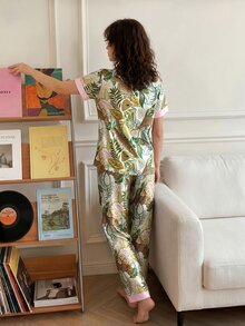 Chillnights Leopard Tropical Print Contrast Color Satin PJ Set - Multicolor - View 2