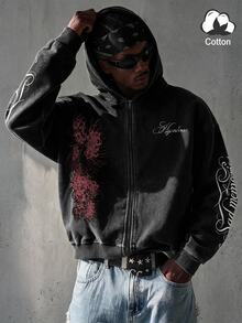 Manfinity EMRG Men Vintage Washed Black Zip-Up Hoodie, Gothic Red Spider Lily Print Long Sleeve Sweatshirt, Y2K Streetwear Casual , Suitable For Music Festival, Party And Street - Black - View 3