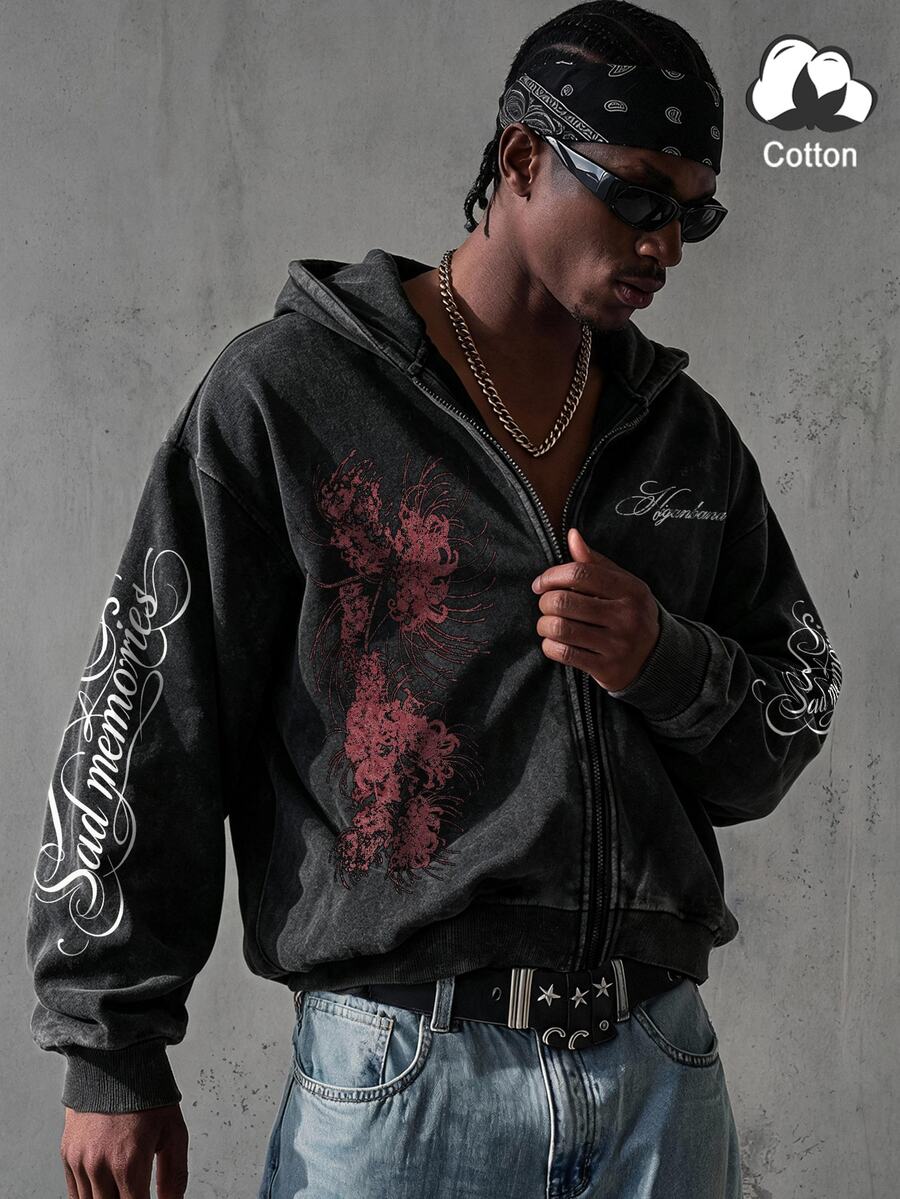 Manfinity EMRG Men Vintage Washed Black Zip-Up Hoodie, Gothic Red Spider Lily Print Long Sleeve Sweatshirt, Y2K Streetwear Casual , Suitable For Music Festival, Party And Street - Black - View 1
