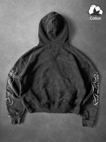 Manfinity EMRG Men Vintage Washed Black Zip-Up Hoodie, Gothic Red Spider Lily Print Long Sleeve Sweatshirt, Y2K Streetwear Casual , Suitable For Music Festival, Party And Street - Black - View 5