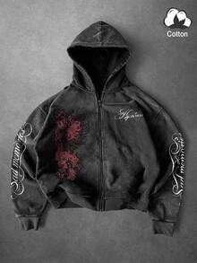 Manfinity EMRG Men Vintage Washed Black Zip-Up Hoodie, Gothic Red Spider Lily Print Long Sleeve Sweatshirt, Y2K Streetwear Casual , Suitable For Music Festival, Party And Street - Black - View 2