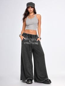 ROMWE Street Life Women's Rhinestone Slogan Sweatpants Long Pants Street Style Hot Girl Cool Girl Oversize Music Festival - Grey - View 8