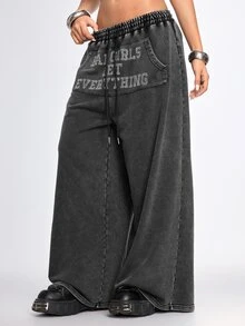 ROMWE Street Life Women's Rhinestone Slogan Sweatpants Long Pants Street Style Hot Girl Cool Girl Oversize Music Festival - Grey - View 5