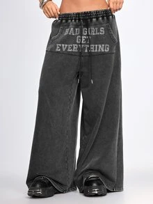 ROMWE Street Life Women's Rhinestone Slogan Sweatpants Long Pants Street Style Hot Girl Cool Girl Oversize Music Festival - Grey - View 3