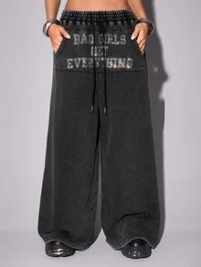 ROMWE Street Life Women's Rhinestone Slogan Sweatpants Long Pants Street Style Hot Girl Cool Girl Oversize Music Festival - Grey - View 1