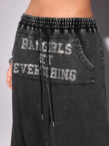 ROMWE Street Life Women's Rhinestone Slogan Sweatpants Long Pants Street Style Hot Girl Cool Girl Oversize Music Festival - Grey - View 2