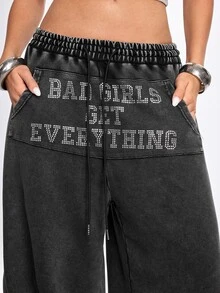 ROMWE Street Life Women's Rhinestone Slogan Sweatpants Long Pants Street Style Hot Girl Cool Girl Oversize Music Festival - Grey - View 7