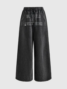 ROMWE Street Life Women's Rhinestone Slogan Sweatpants Long Pants Street Style Hot Girl Cool Girl Oversize Music Festival - Grey - View 9