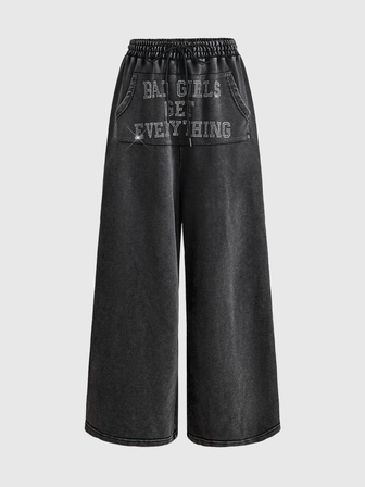 Street Life Pantalon de survêtement long pour femme avec slogan en strass, style street, oversize, pour festival de musique, look hot girl cool girl