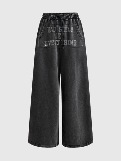 Street Life Pantaloni lunghi da donna con strass e slogan, stile street, oversize, per festival musicali, hot girl, cool girl