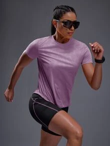 SHEIN Sports 1件字母圖案插肩袖羅紋針織運動T恤健身背心女款上衣 - 淡紫色 - 查看 4