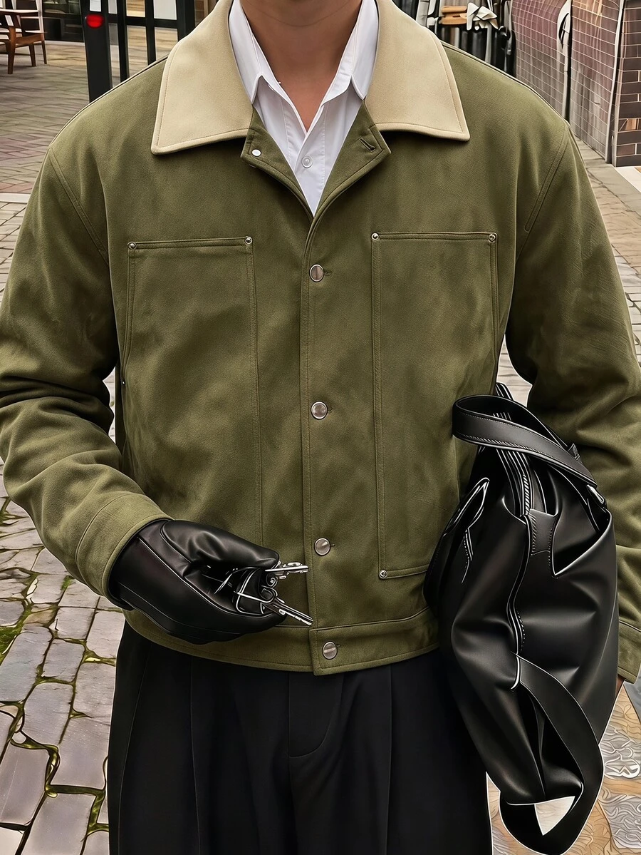 AXEPEAK Men's Casual Colorblock Collar Jacket, Spring/Autumn - Green - View 1