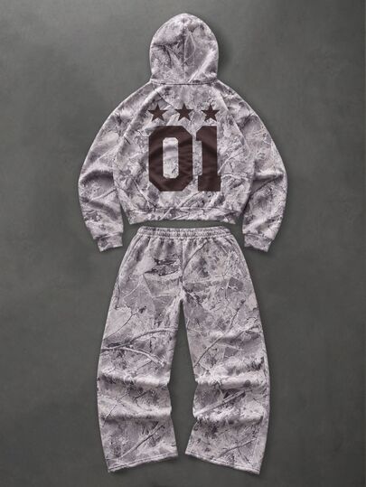 Conjunto casual diario de sudadera con capucha de manga larga y pantalones con estampado digital para hombre