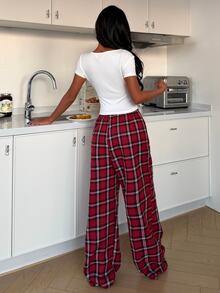 ZzzCrew 2pcs/Set Sexy Slim Fit Square Neck Button-Up Short Sleeve Top And Plaid Long Pants PJS Plaid Pants Lounge Pants For Women - Multicolor - View 2