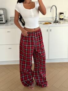 ZzzCrew 2pcs/Set Sexy Slim Fit Square Neck Button-Up Short Sleeve Top And Plaid Long Pants PJS Plaid Pants Lounge Pants For Women - Multicolor - View 5