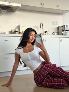 ZzzCrew 2pcs/Set Sexy Slim Fit Square Neck Button-Up Short Sleeve Top And Plaid Long Pants PJS Plaid Pants Lounge Pants For Women - Multicolor - View 6