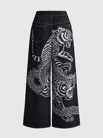 Grunge Punk Jeans de mezclilla de pierna ancha y cintura baja con bordado de tigre & dragón, estilo chino nuevo, streetwear