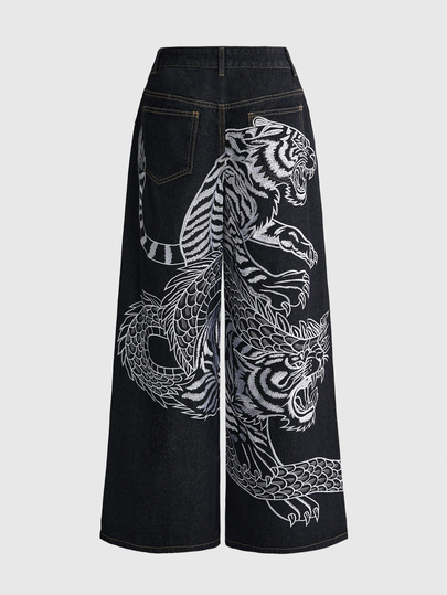 Grunge Punk Jeans de mezclilla de pierna ancha y cintura baja con bordado de tigre & dragón, estilo chino nuevo, streetwear