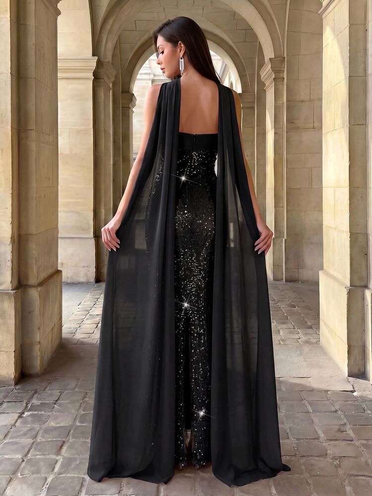 Firerie Elegant Luxury 3D Beaded Strapless Fitted Floor-Length Detachable Halter Maxi Dress,Suitable For Weddings,Formal Galas,Birthdays&Singles' Parties - Black - View 2