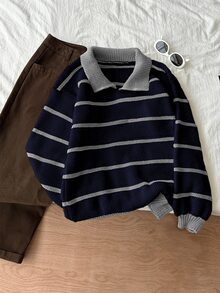 Flirla Women's Casual Commuting School Style Contrast Color Striped Pattern Crew Neck Sweater, Autumn/Winter - Multicolor - View 1
