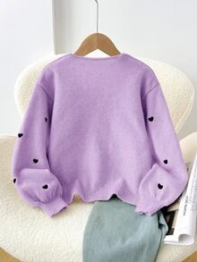 SHEIN 兒童青少年女孩寬鬆休閒簡約舒適圓領長袖綁帶蝴蝶結波點開襟衫返校穿搭 - 紫色 - 查看 2