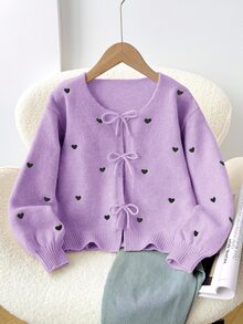 SHEIN 兒童青少年女孩寬鬆休閒簡約舒適圓領長袖綁帶蝴蝶結波點開襟衫返校穿搭 - 紫色 - 查看 1