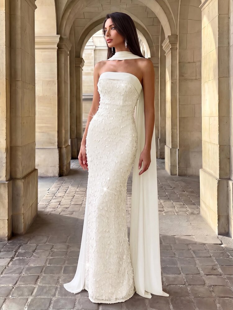 Firerie Elegant Apricot Luxury 3D Sequins Embellished Straight Cut Maxi Dress With Detachable Strapless,Suitable For Wedding,Formal Gala,Birthday,Graduation - Apricot - View 5