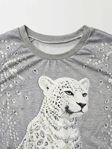 Breezaya Plus Size Women's Casual Raglan Sleeve Digital Print Comfortable Versatile Loose Light Blue Beaded Digital Long Sleeve Sweatshirt - Multicolor - View 4