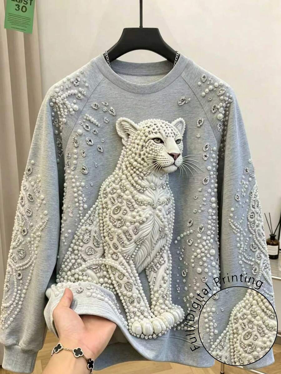 Breezaya Plus Size Women's Casual Raglan Sleeve Digital Print Comfortable Versatile Loose Light Blue Beaded Digital Long Sleeve Sweatshirt - Multicolor - View 1