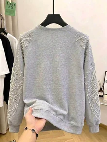 Breezaya Plus Size Women's Casual Raglan Sleeve Digital Print Comfortable Versatile Loose Light Blue Beaded Digital Long Sleeve Sweatshirt - Multicolor - View 2