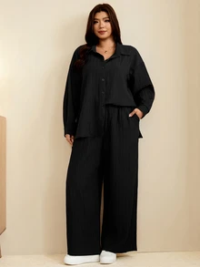 Edennvi Plus Size Women Solid Color Shirt And Pants 2 Pieces Set Fall - Black - View 4