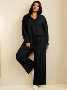 Edennvi Plus Size Women Solid Color Shirt And Pants 2 Pieces Set Fall - Black - View 5