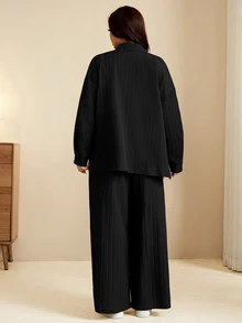 Edennvi Plus Size Women Solid Color Shirt And Pants 2 Pieces Set Fall - Black - View 2