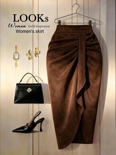 SHEIN Franclia Elegant Draped Ruched Midi Skirt For Autumn Winter High Waist Split Bodycon Pencil Skirt Eacher BusinessHalloween & Holiday Party Formal Dressy Bottom