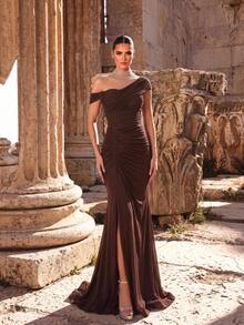 Aureia Elegante Vestido de Noche Formal Marrón Chocolate con Brillo Malla Hombros Descubiertos Cuello Alto Strass Fruncido Sirena Abertura Largo hasta el Suelo Cola para Baile de Graduación Invitada de Boda - Café integral - Ver 5