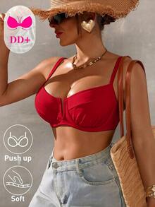 Swim DD+ 女款純色細肩帶可調式背扣前V領背心上衣，紅色夏季性感沙灘俱樂部風 - 紅色 - 查看 5